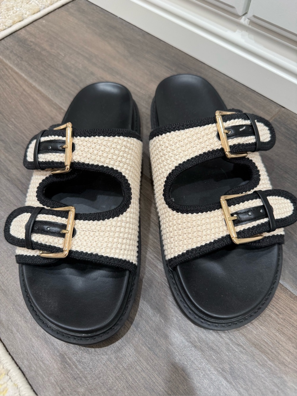 Universal Thread Black and Cream Slide Sandals with Gold Buckles